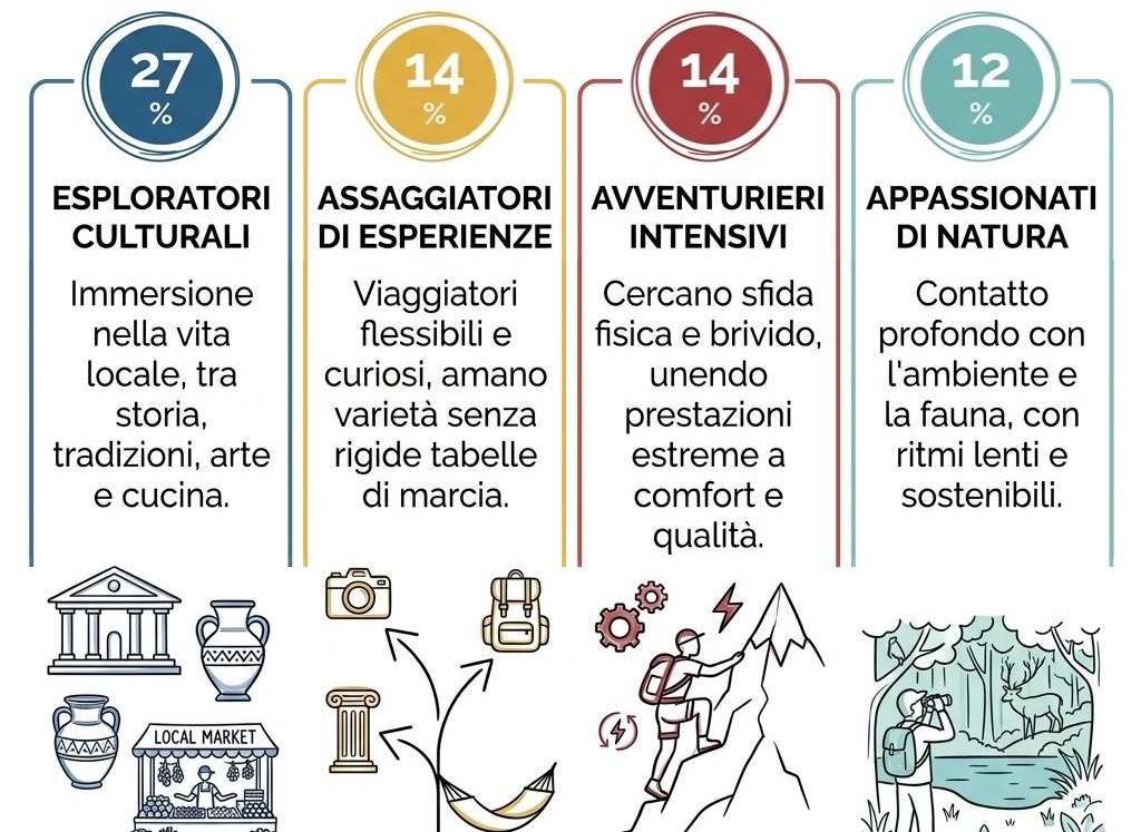 I principali segmenti del turismo avventura sono: esploratori culturali (27%); assaggiatori di esperienze, che amano la varietà (14%); avventurieri intensivi alla ricerca del brivido (14%); appassionati di natura (12%)